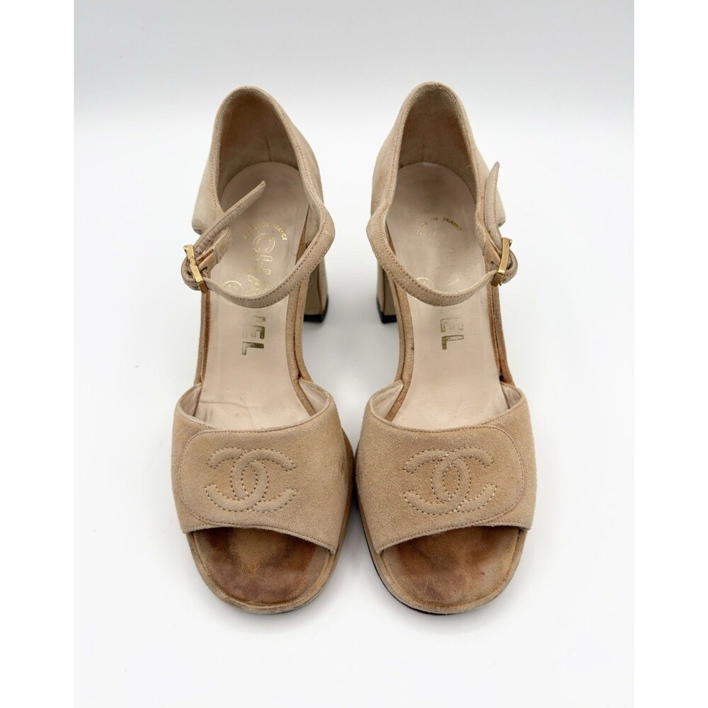 Chanel Brown Suede Block Heels w/ Ankle Strap CC Logo Vintage Sz EU 35